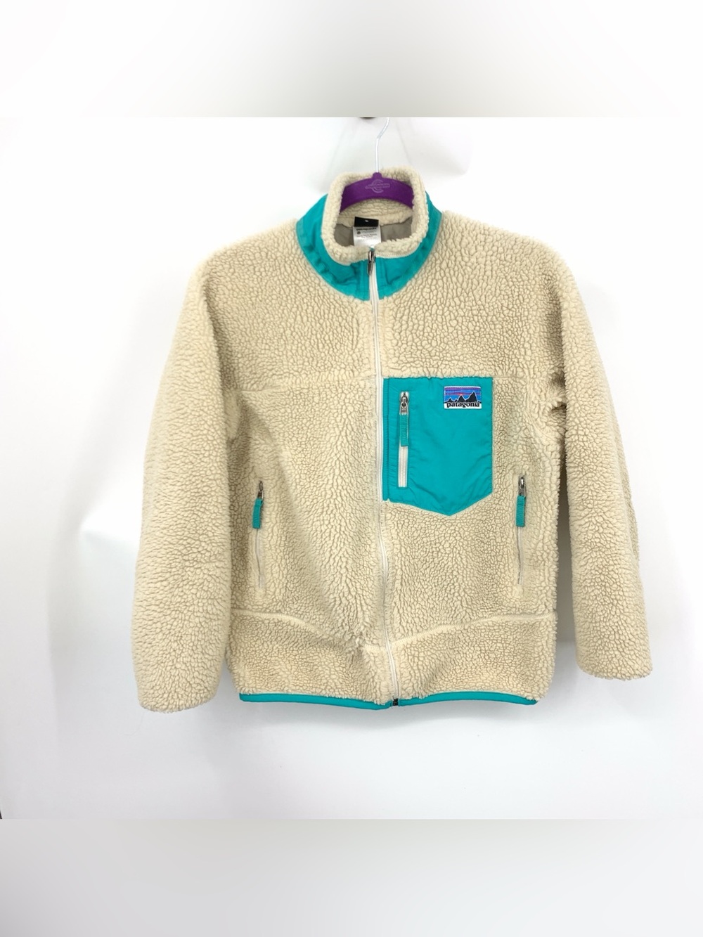 Patagonia Kids Size Large 12 Jacket Retro X Coat Cream Beige Teal Blue Fleece